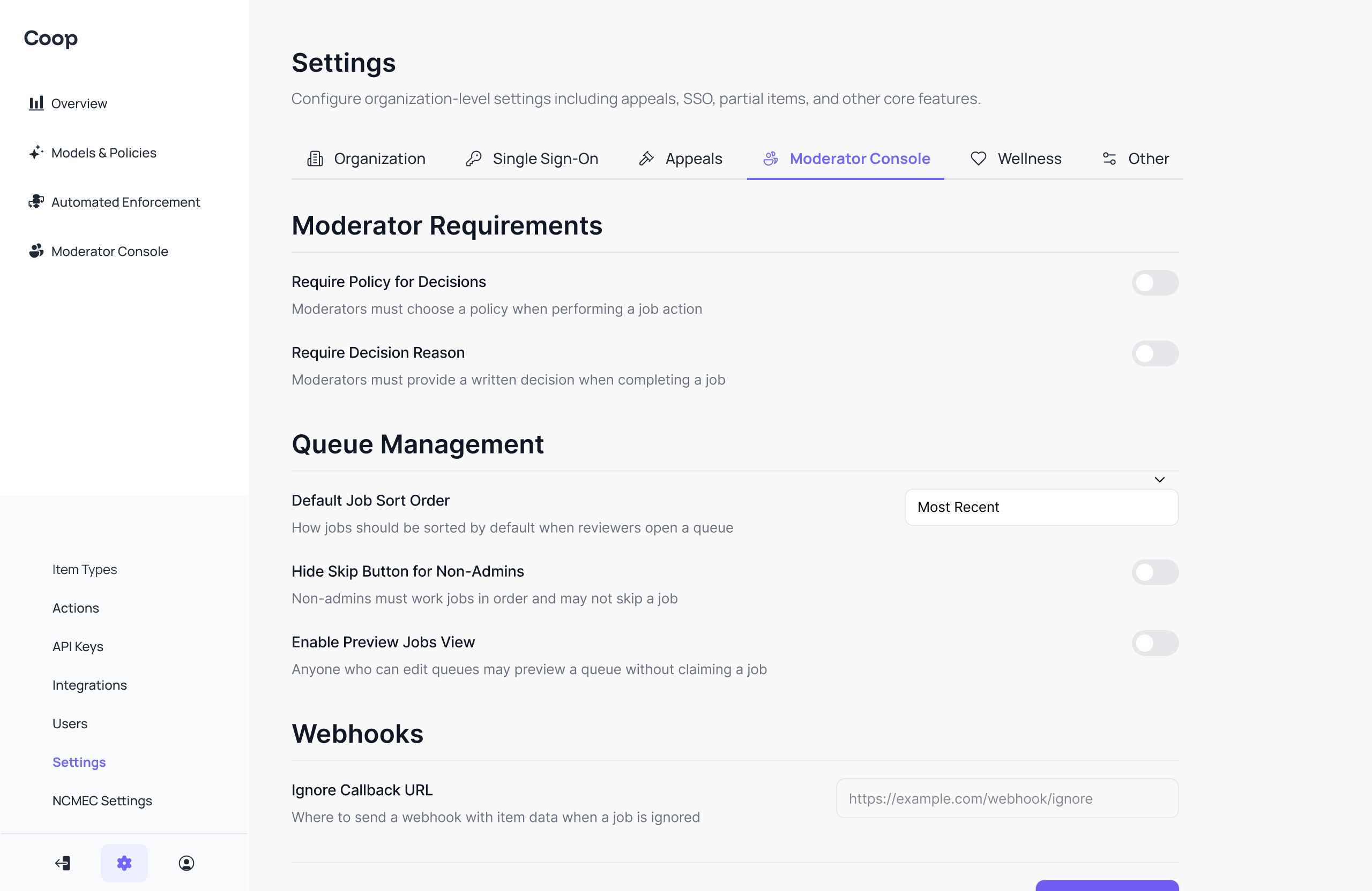 Review Console settings
