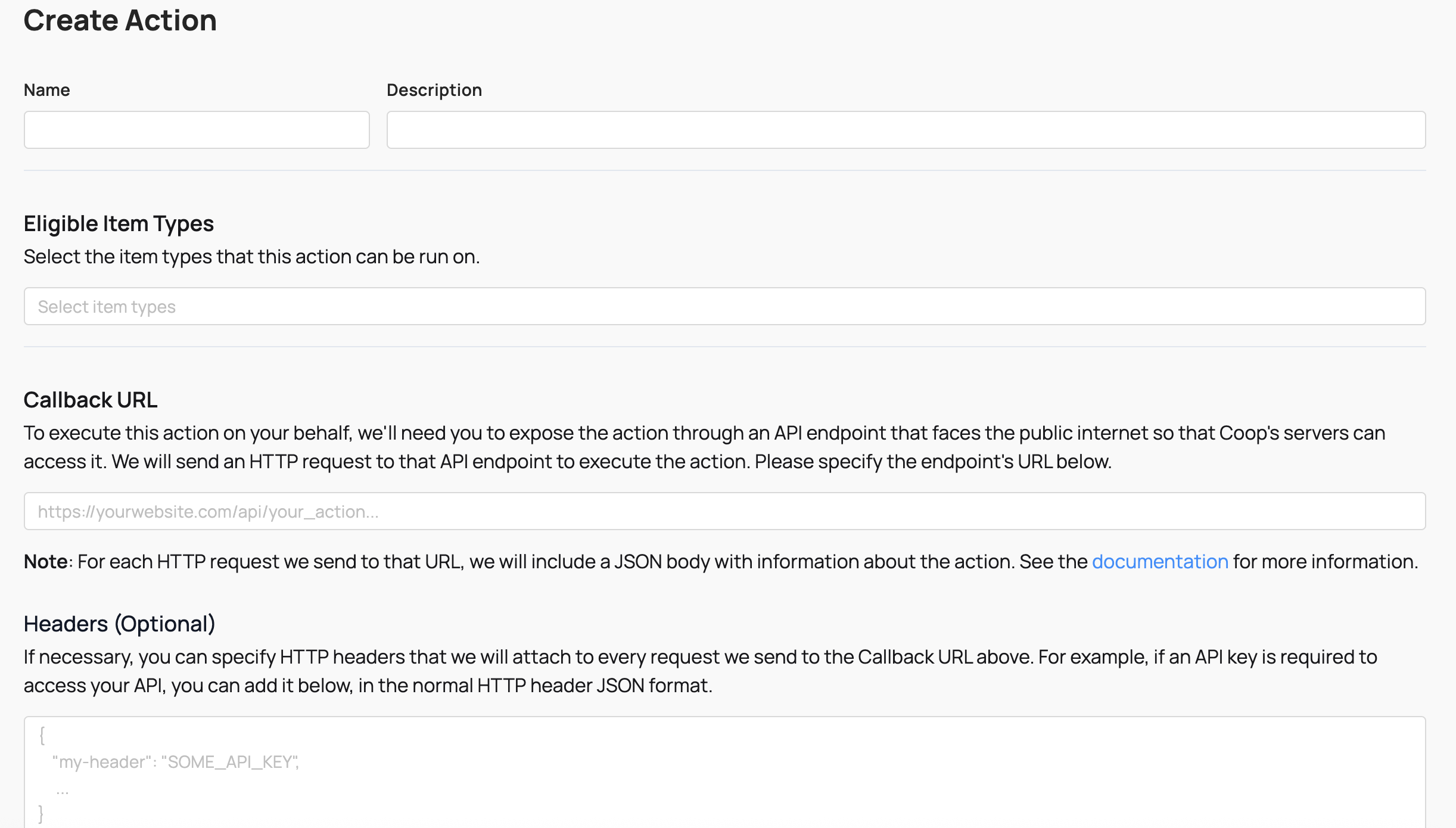 Creating an action in Coop: add the name, description, what item types the action can run on, and a callback URL