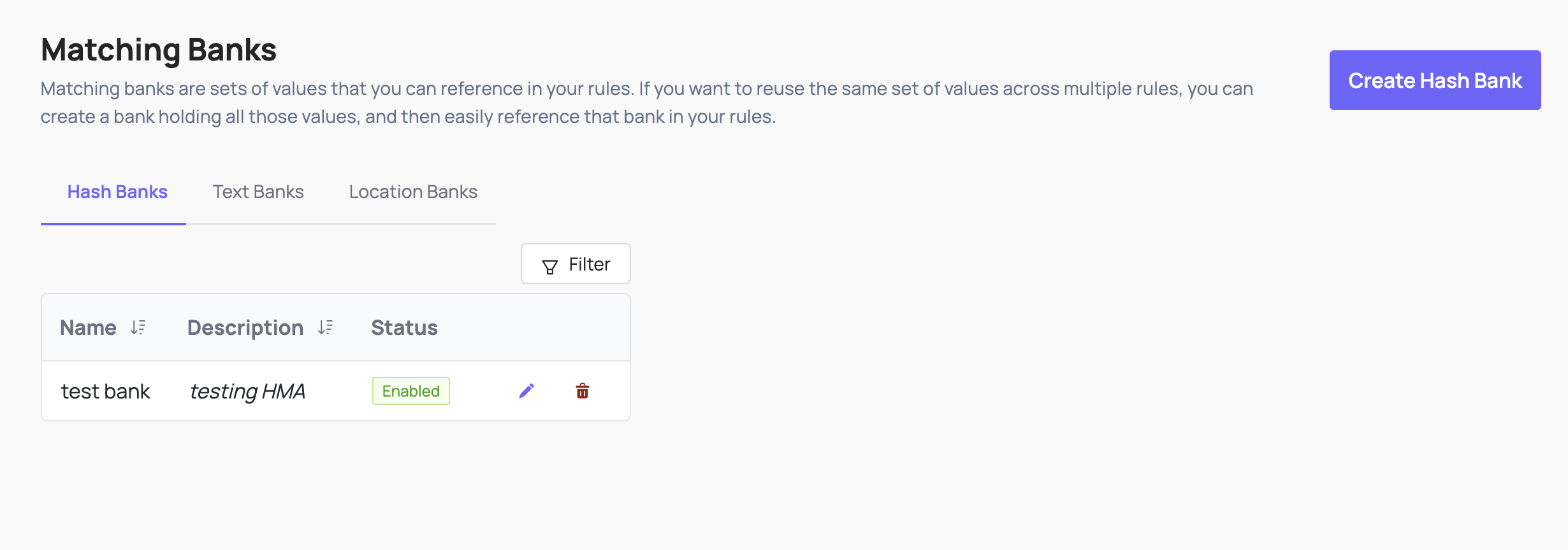 Coop matching banks page showing a test hash bank created in the Coop UI