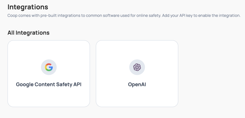 API Keys: Coop uses APIs to authenticate requests. UI allows rotating the key and adding a webhook signature verification key