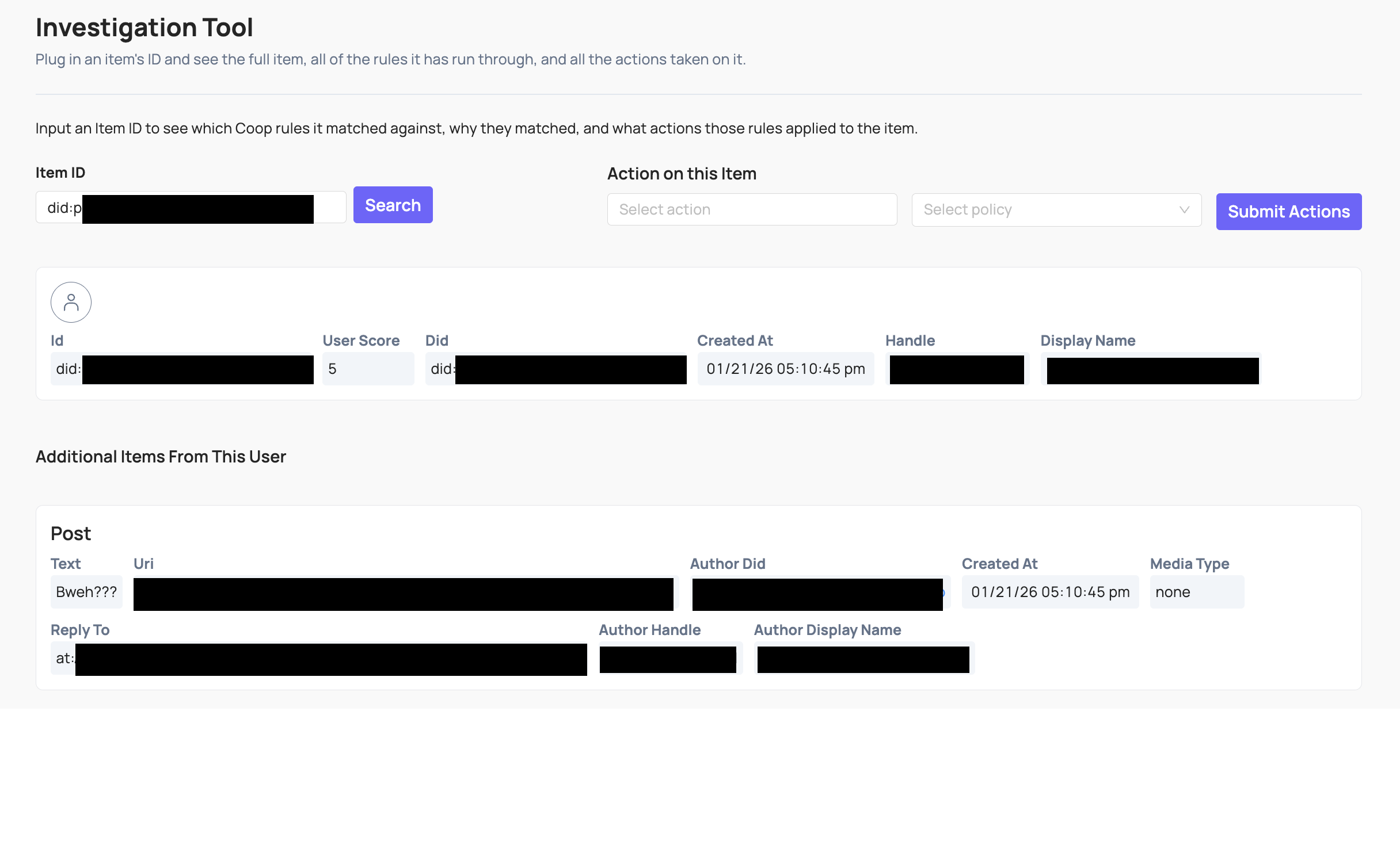 The Investigation tool in Coop with user data redacted. Shows all information Coop knows about a given entity/user.