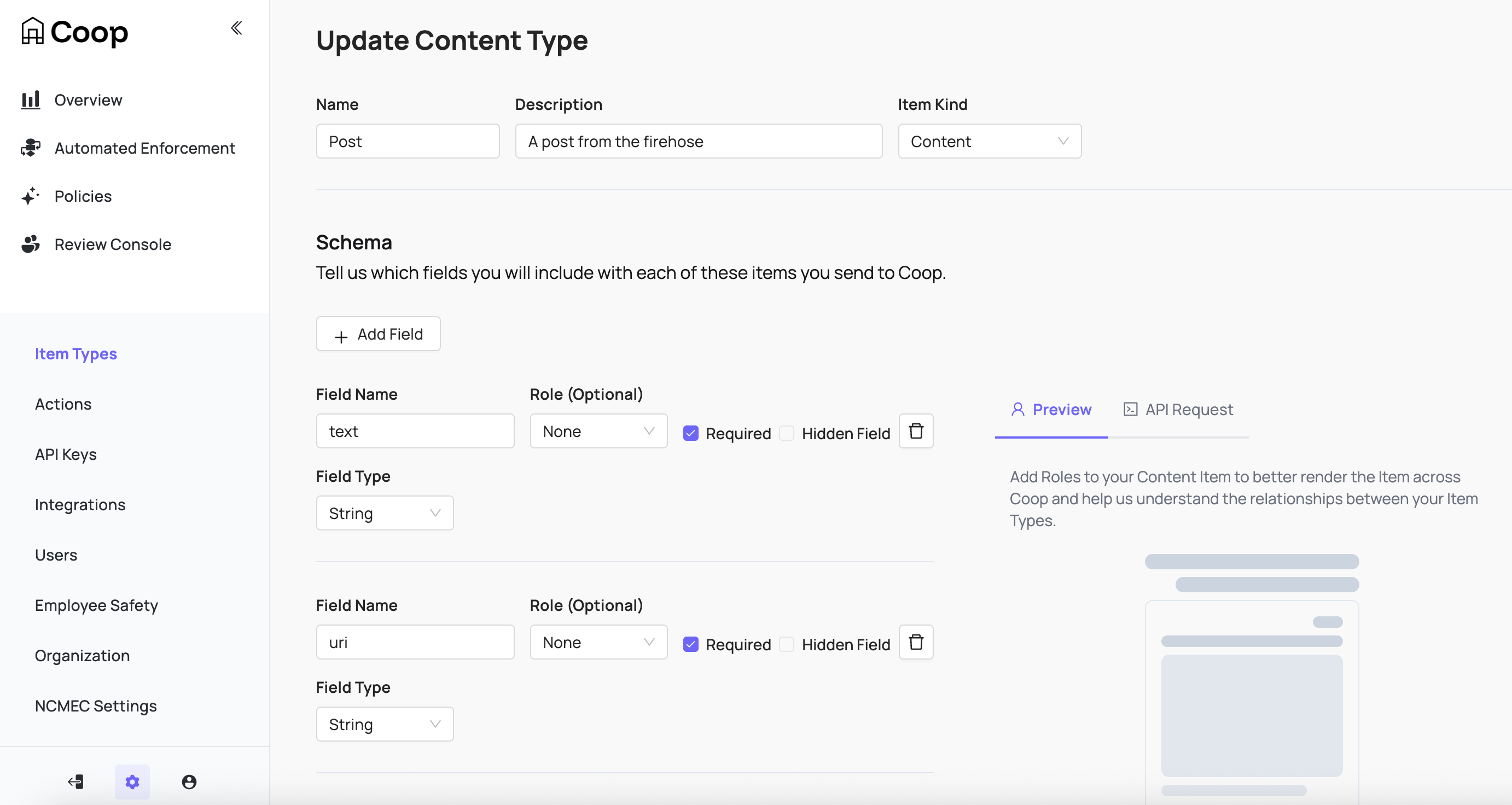Coop Item Dashboard showing the configuration of an Item Type: a post from the firehose with a schema of fields that get sent to Coop including text, unique ID as well as what format the fields are in
