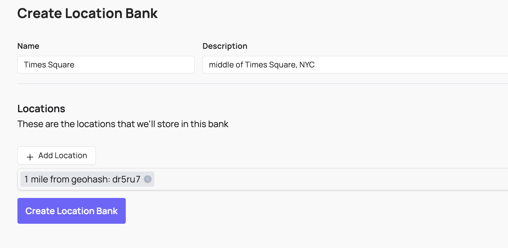 Creating a location bank for the middle of Times Square using a geohash