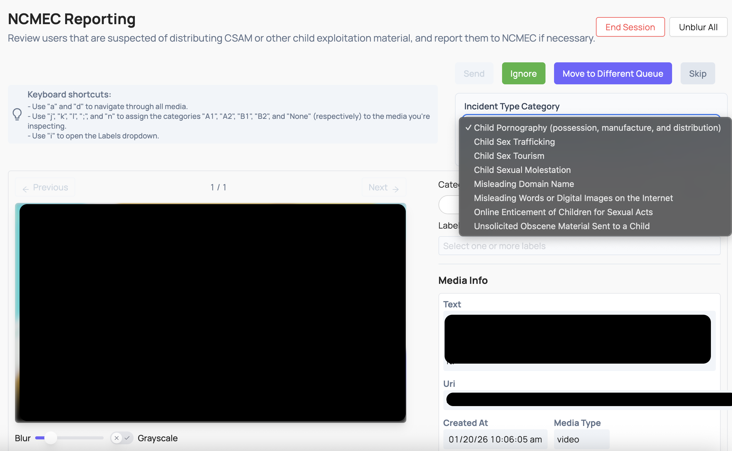 Coop’s NCMEC Reporting task view. This differs from the usual task view as it aggregates all media associated wih a user. There are keyboard shortcuts to apply specific industry classifications, a dropdown for selecting the incident type, and add labels per NCMEC’s CyberTip fields