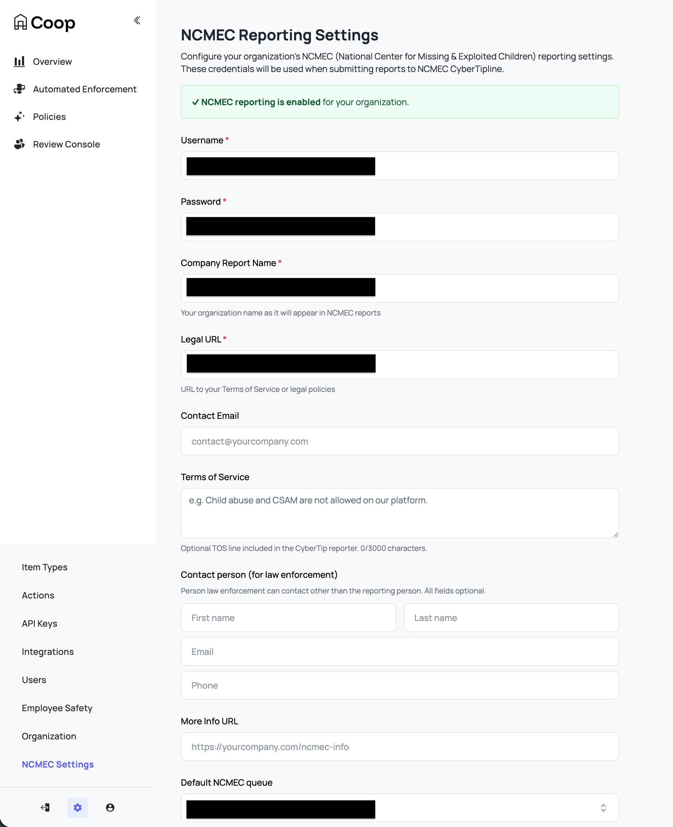 Setting up NCMEC reporting on Coop: add the required information for the reports submitted to NCMEC for content violating your company policies