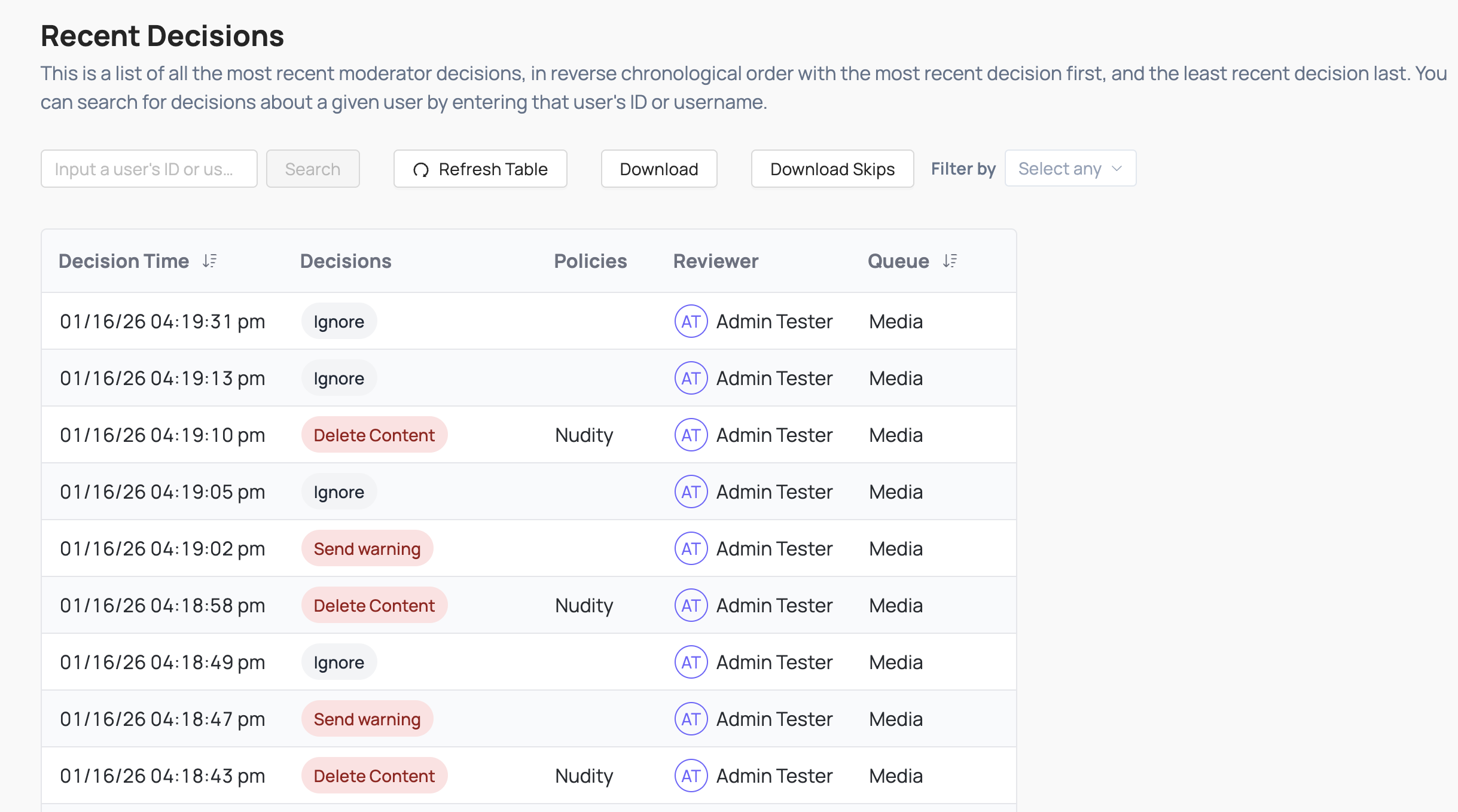 Coop’s recent decisions page showing a log of all actions taken in coop and who took the action. There are buttons to refresh the table, download all decisions, and download only the tasks skipped by users