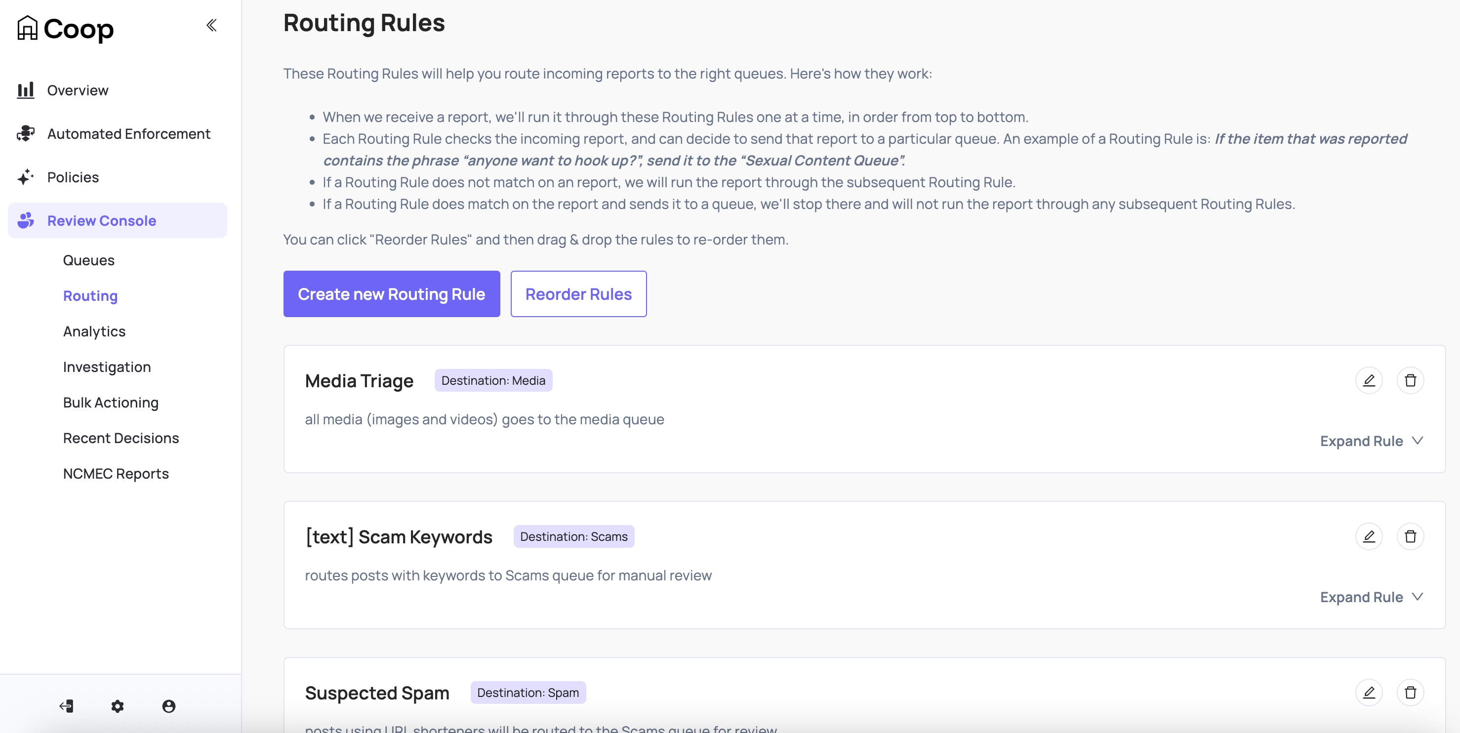 screenshot showing the routing rules to assign tasks to queues: media triage for posts containing photos and videos, scam keywords, and suspected spam