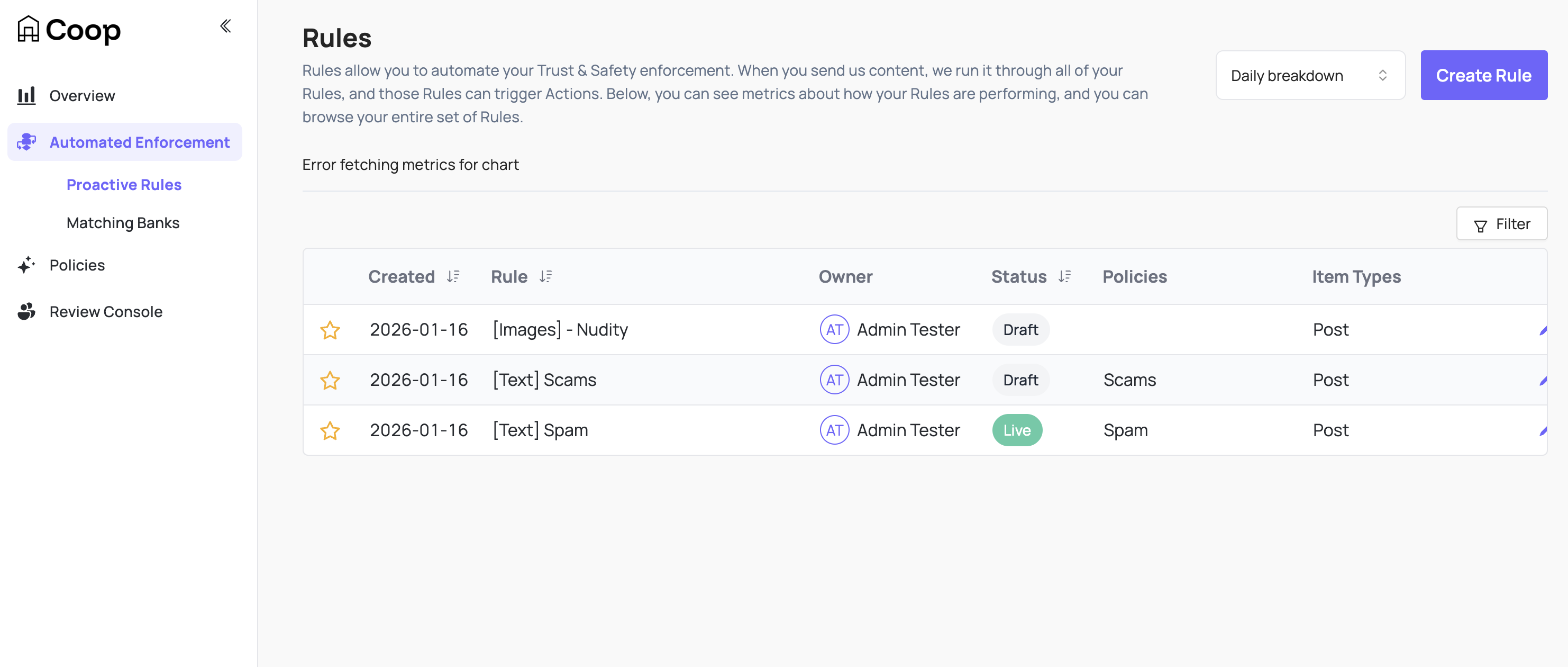 screenshot showing a list of 3 automated enforcement rules: nudity for images, scams for text, and spam for text