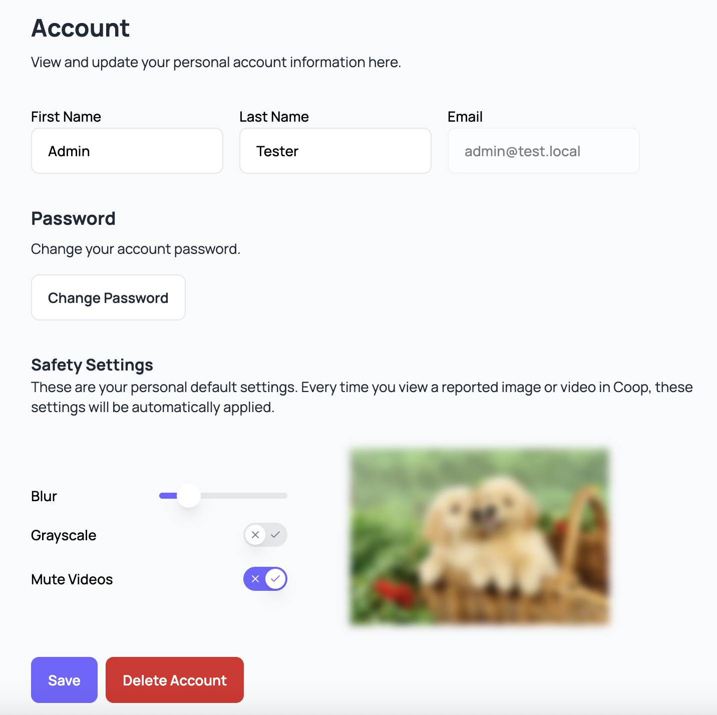 Coop’s individual user safety settings where users can override the baseline resilience settings with their own preferences on media such as a blurring scale, grayscale toggle, and auto-mute video toggle