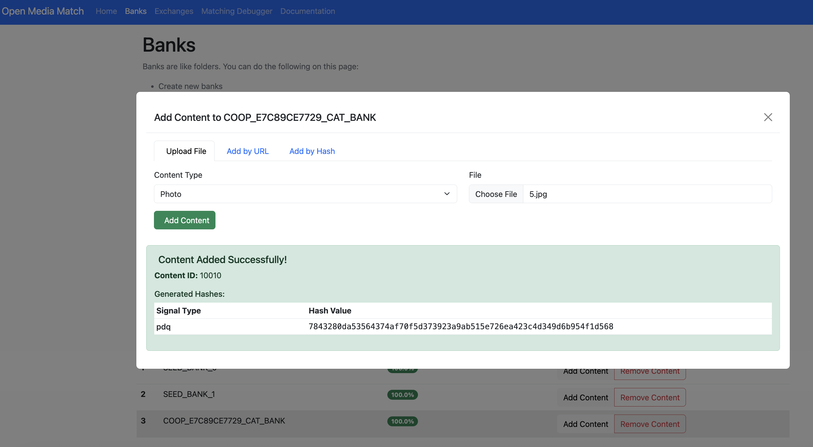 HMA UI showing the bank created in Coop, along with a modal that appears if you manually upload media to the matching bank