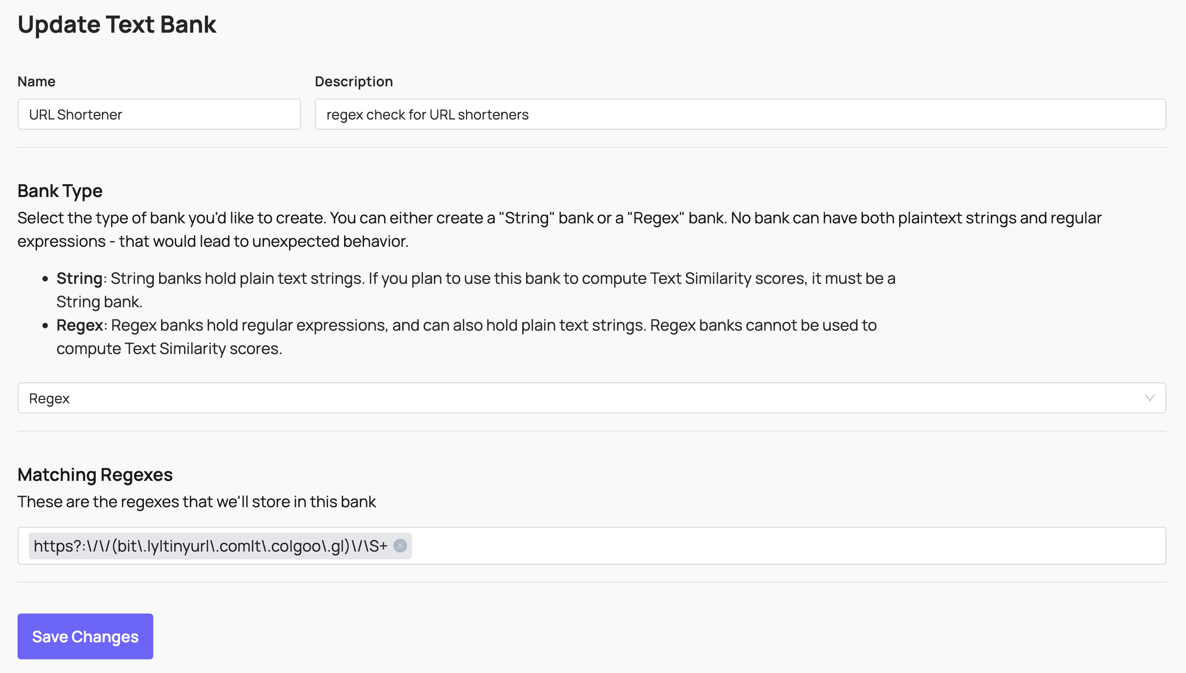 A text bank using regex to check for URL shorteners