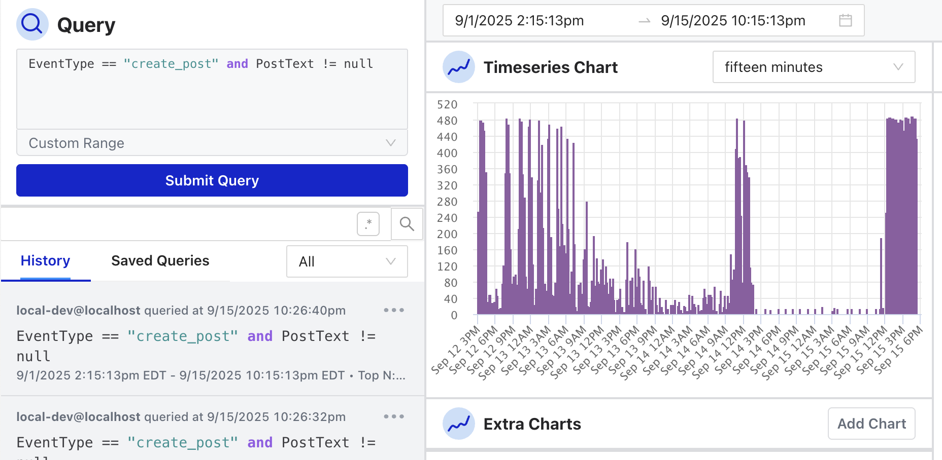 The Query page with an SML filter for post-creation events and its history of past queries, beside a timeseries chart showing matching event volume in fifteen-minute buckets